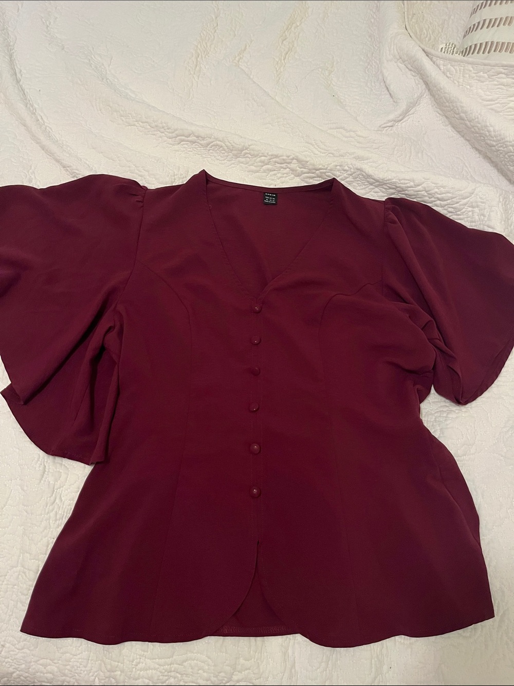 Deep Wine V-Neck Button Blouse with elastic gathered back. Flattering XL